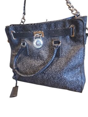 Michael Kors Black Pebbled Hamilton Tote with Silver Hardware. Subtle MK Logo